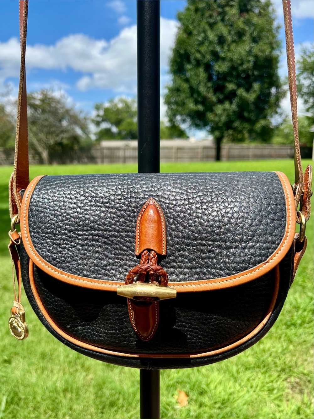 Vintage Dooney & Bourke Black Outback All-Weather Leather Loden Saddle Bag